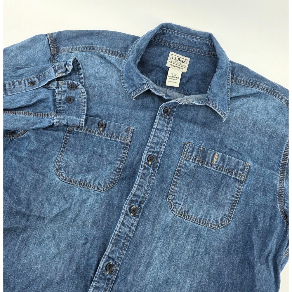 LL Bean Vintage Rugged Denim Long Sleeve Shirt Size Large Mens Blue Workwear